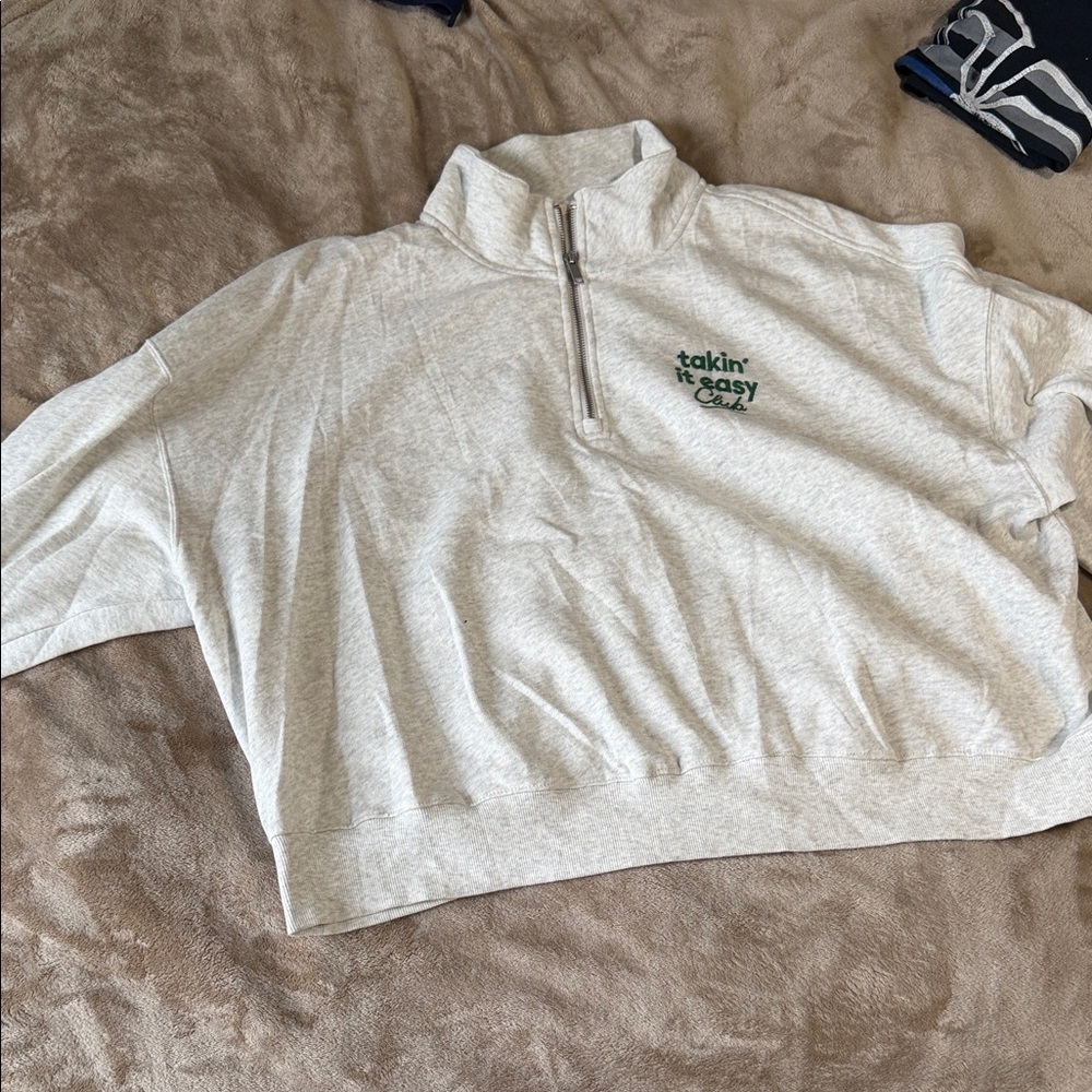 Old Navy Heather Gray Half-Zip Crewneck Sweater with Green Script